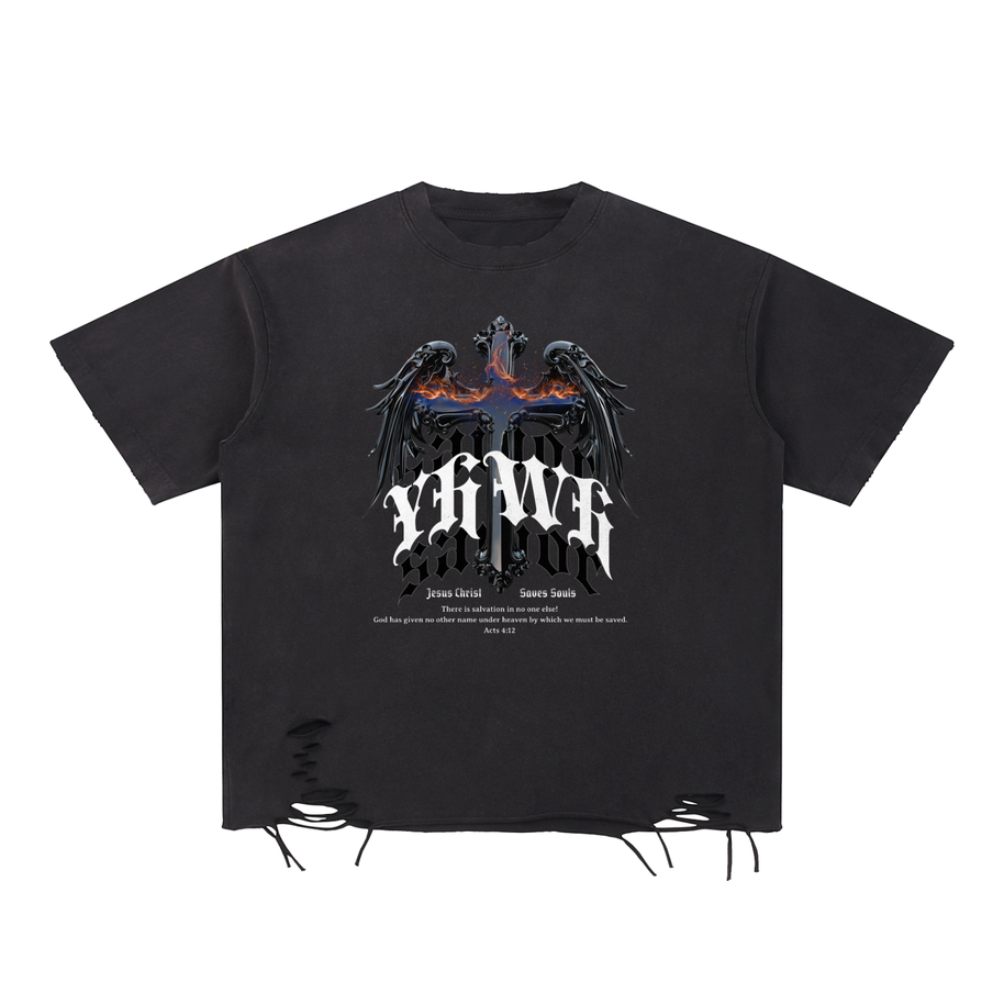 YHWH Snow Washed Raw-Hem T-Shirt