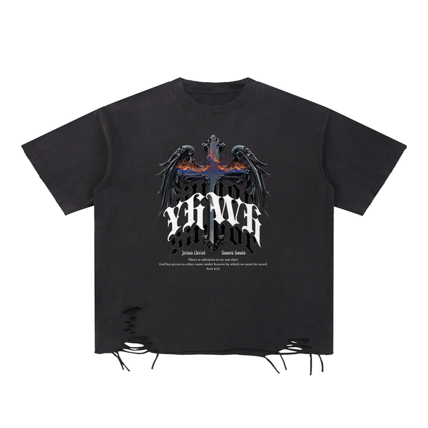 YHWH Snow Washed Raw-Hem T-Shirt